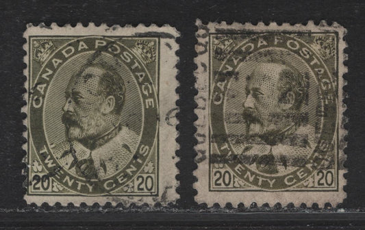 Lot 115 (C) Canada #94 20c Olive Green - Brownish Olive Green King Edward VII, 1903-1908 King Edward VII Issue, 2 Very Good/Fine Used Singles, Paper ABN-B, Perf 12