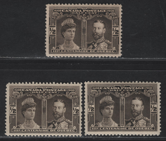 Canada #96 1/2c Black Brown & Brown Black Prince & Princess of Wales, 1908 Quebec Tercentenary Issue, 3 VFOG Singles, Papers ABN-A & ABN-B