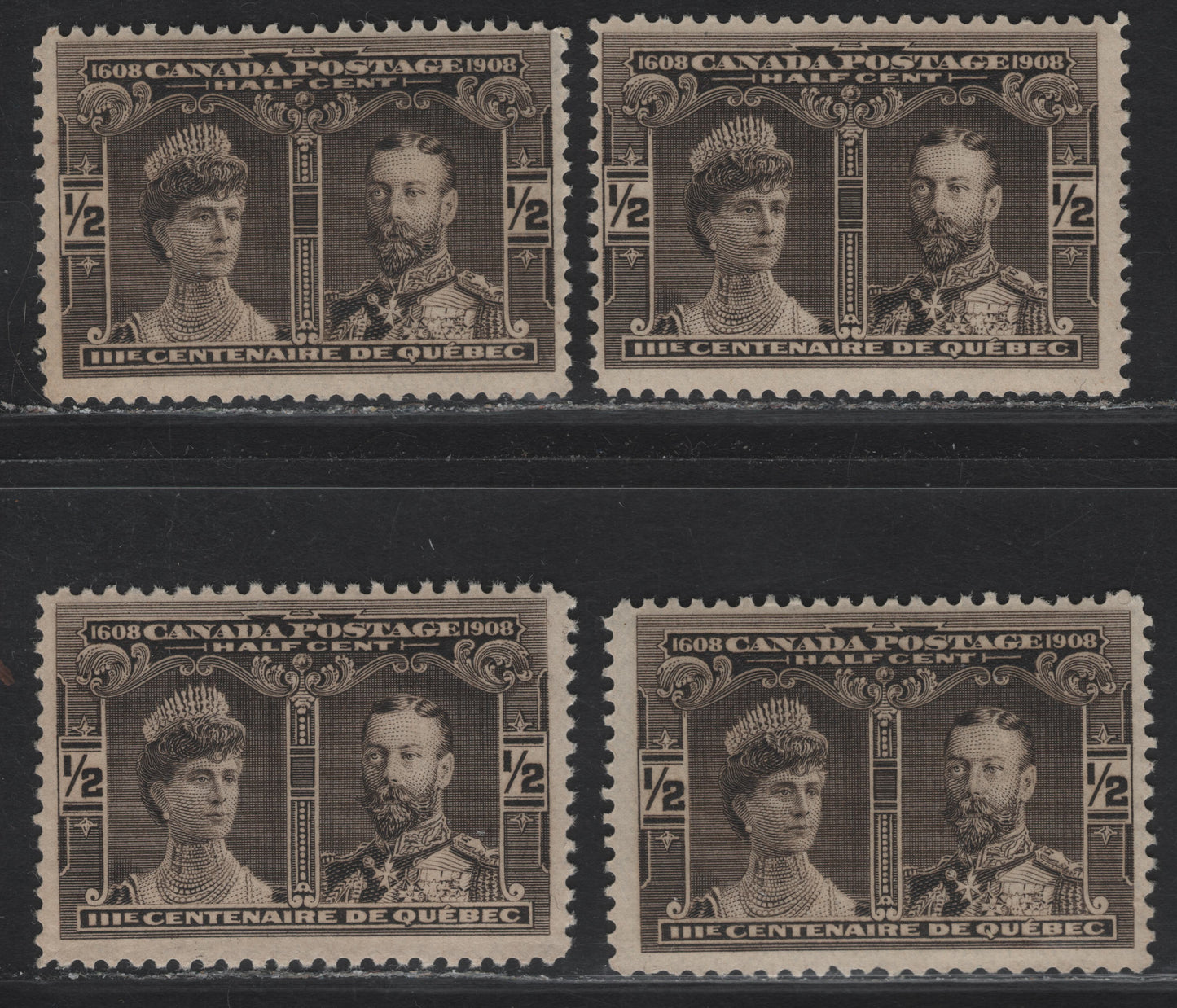 Lot 121 Canada #96 1/2c Black Brown & Brown Black Prince & Princess of Wales, 1908 Quebec Tercentenary Issue, 4 FNH Singles, Papers ABN-A & ABN-B, Three of the Shades Are ABN-B