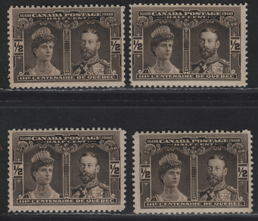 Lot 121 Canada #96 1/2c Black Brown & Brown Black Prince & Princess of Wales, 1908 Quebec Tercentenary Issue, 4 FNH Singles, Papers ABN-A & ABN-B, Three of the Shades Are ABN-B