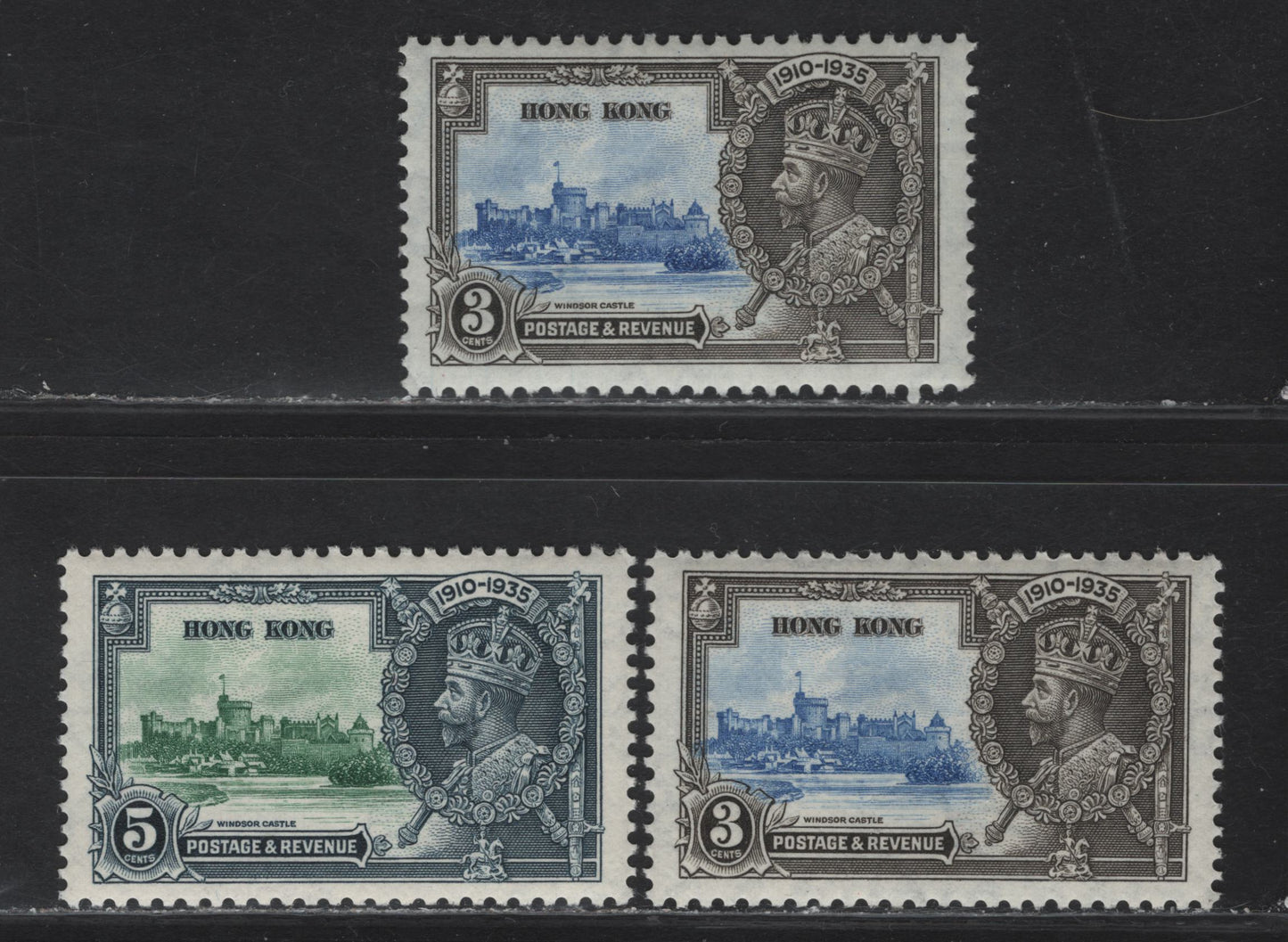 Lot 126 Hong Kong SG#133-134 3c - 5c Ultramarine & Gray Black - Green & Indigo KGV & Windsor Castle, 1935 Silver Jubilee Issue, 3 VFNH Singles, Includes 2 Frame Shades Of Gray Black On The 3c