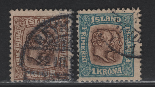Lot 12A Iceland SC#78, 83 16a Brown King Christian IX & Frederik VIII, 1907-1908 King Christian IX & Frederik VIII Issue, 2 Fine Used Singles