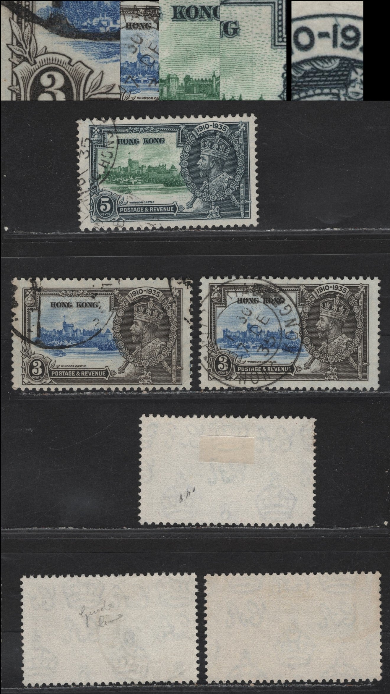 Lot 134 Hong Kong SG#133-134var 3c - 5c Ultramarine & Gray Black - Green & Indigo KGV & Windsor Castle, 1935 Silver Jubilee Issue, 3 Fine/Very Fine Used Singles, Vignette & Frame Plate Cracks That Show Hairlines Through The Design