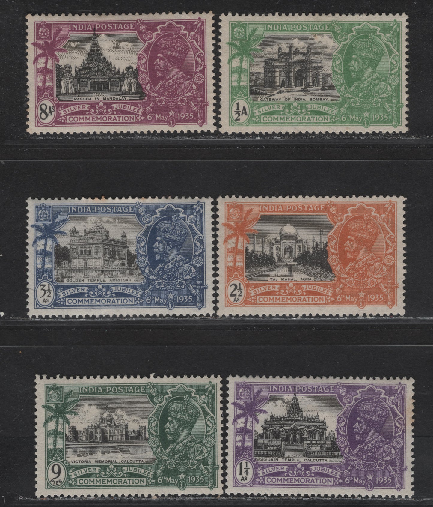 Lot 140 (C) India SG#240-241, 243-246 1/2a - 8a Black & Yellow Green - Black & Purple Rameswaram Temple - Pagoda, 1935 Silver Jubilee Issue, 6 VFOG Singles, Nearly Complete Set, Missing 1a