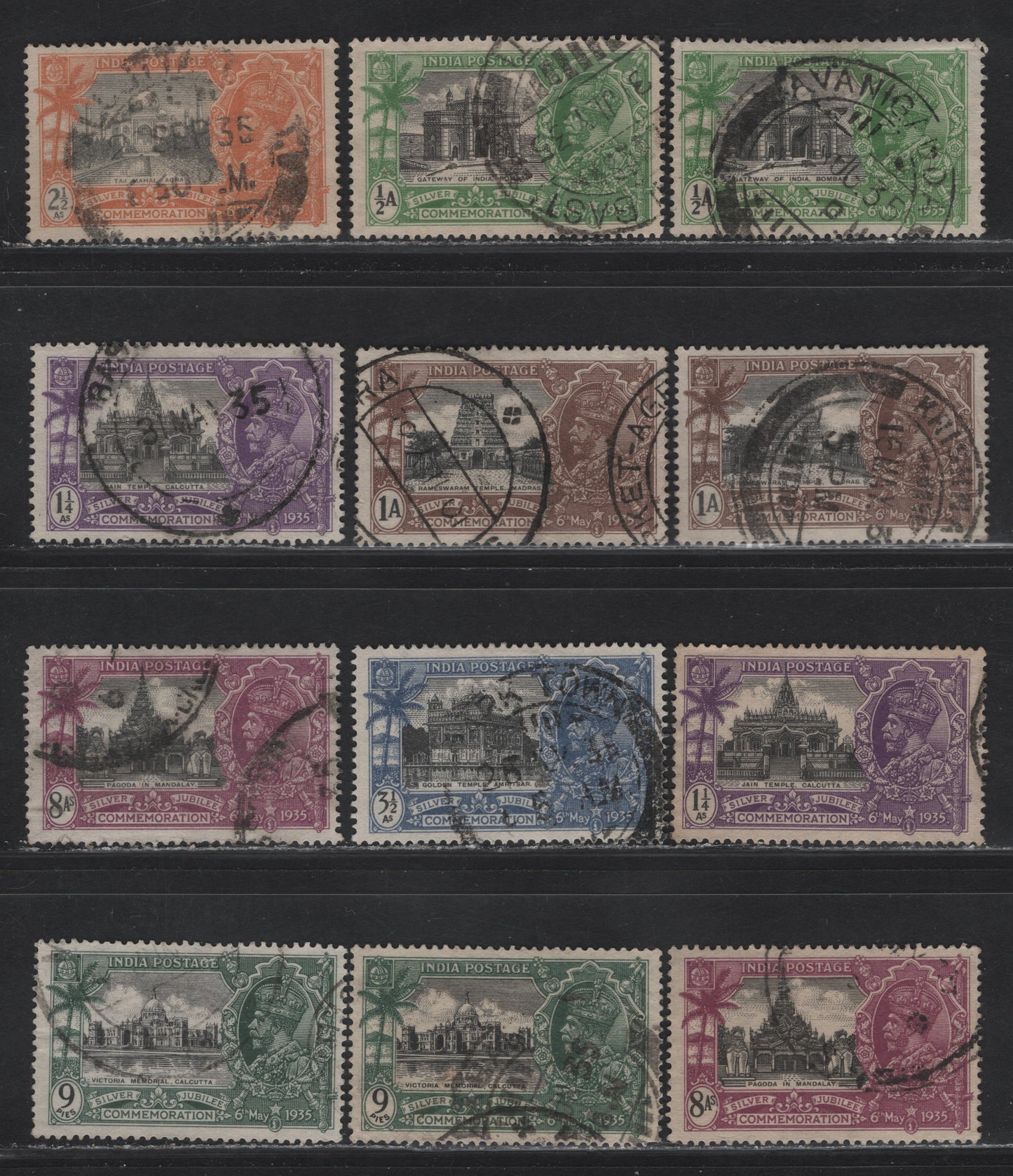 Lot 141 India SG#240-246, 240w, 242w, 243w, 241w, 246w 1/2a - 8a Black & Yellow Green - Black & Purple Rameswaram Temple - Pagoda, 1935 Silver Jubilee Issue, 12 Fine/Very Fine Used Singles, Includes Wmk Stars Pointing Left On 1/2a, 1a, 1.25a, 8a & 9p