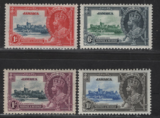 Lot 143 Jamaica SG#114-117 1c - 1/- Deep Gray Blue & Scarlet - Slate & Purple KGV & Windsor Castle, 1935 Silver Jubilee Issue, 4 VFOG Singles, Basic Mint Hinged Stamp