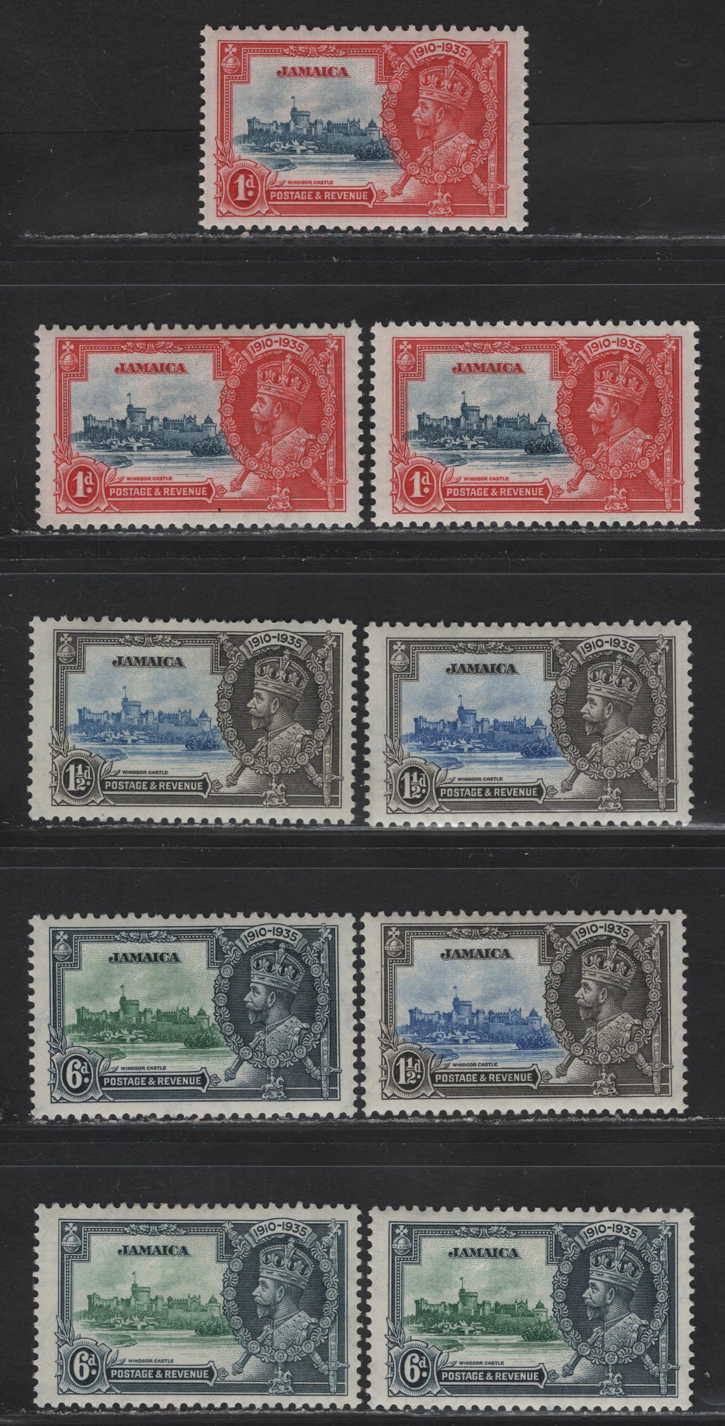 Lot 144 Jamaica SG#114-116 1d - 6d Gray Blue & Scarlet - Green & Indigio KGV & Windsor Castle, 1935 Silver Jubilee Issue, 9 VFOG Singles, Three Different Frame/Bignette States