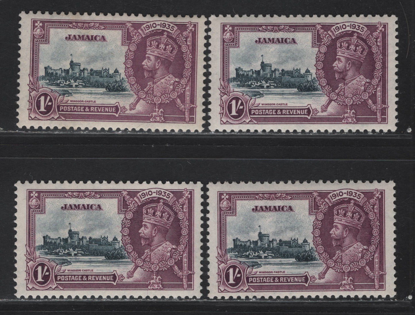 Lot 145 Jamaica SG#117 1/- Slate & Purple KGV & Windsor Castle, 1935 Silver Jubilee Issue, 4 VFOG Singles, Four Different Frame & Vignette Shades