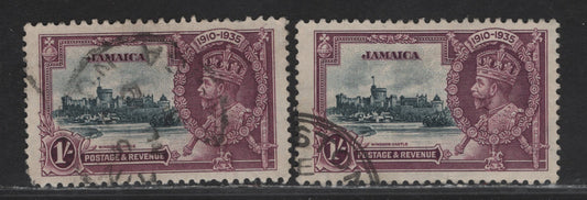 Lot 146 Jamaica SG#117 1/- Slate & Purple KGV & Windsor Castle, 1935 Silver Jubilee Issue, 2 Fine/Very Fine Used Singles, Two Different Frame & Vignette Shades