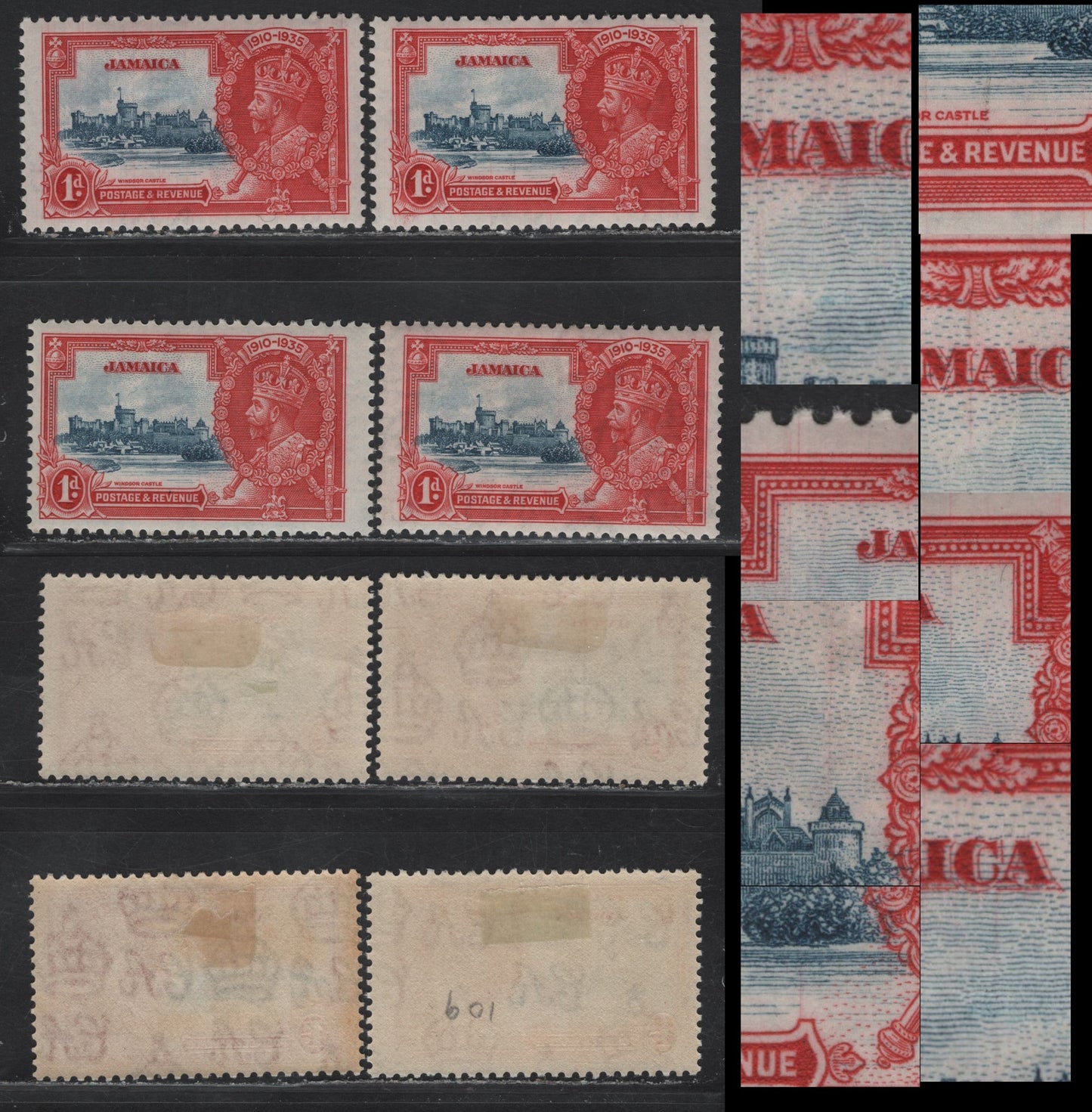 Lot 147 Jamaica SG#114var 1d Gray Blue & Scarlet KGV & Windsor Castle, 1935 Silver Jubilee Issue, 4 F/VFOG Singles, Various Frame Plate Hairline Cracks