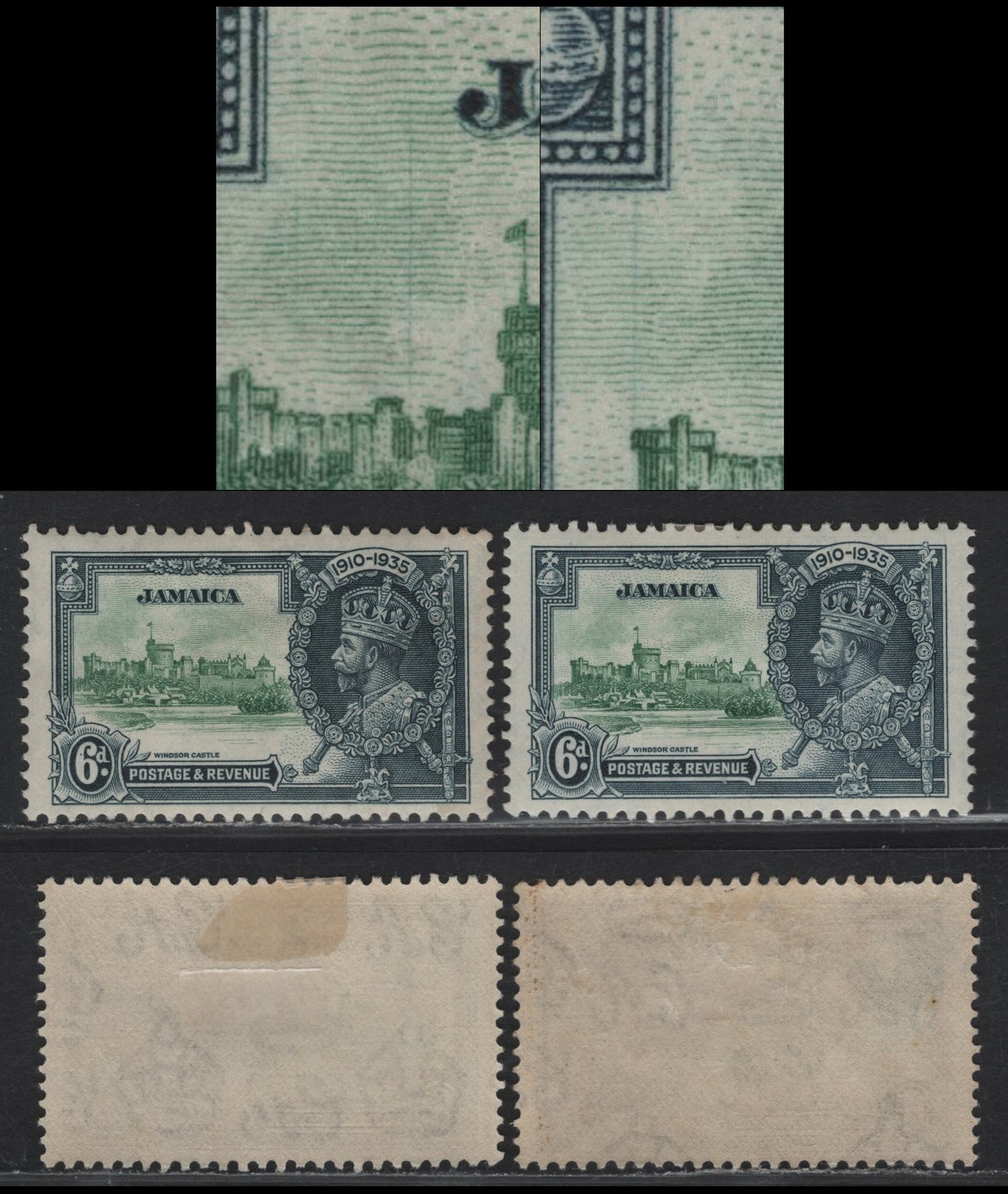 Lot 149 Jamaica SG#116var 6d Green & Indigop KGV & Windsor Castle, 1935 Silver Jubilee Issue, 2 F/VFOG Singles, Hairline To Left Of Brunswick Tower & Two Hairlines Above State Apartments