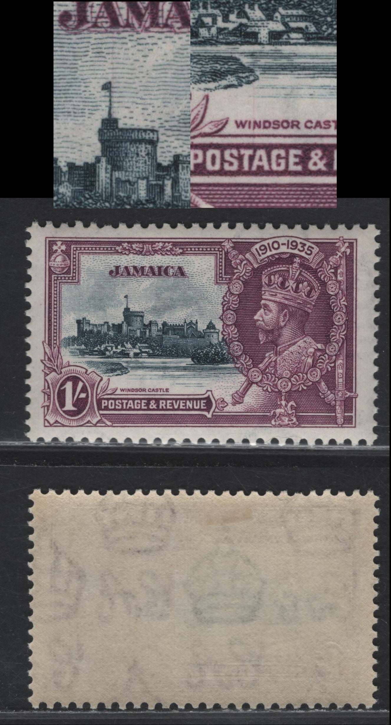 Lot 150 Jamaica SG#117var 1/- Slate & Purple KGV & Windsor Castle, 1935 Silver Jubilee Issue, A VFOG Single, Showing Thin Frame Plate Scratch From 'A' of Jamaica Through Flagstaff and Through N Of Windsor