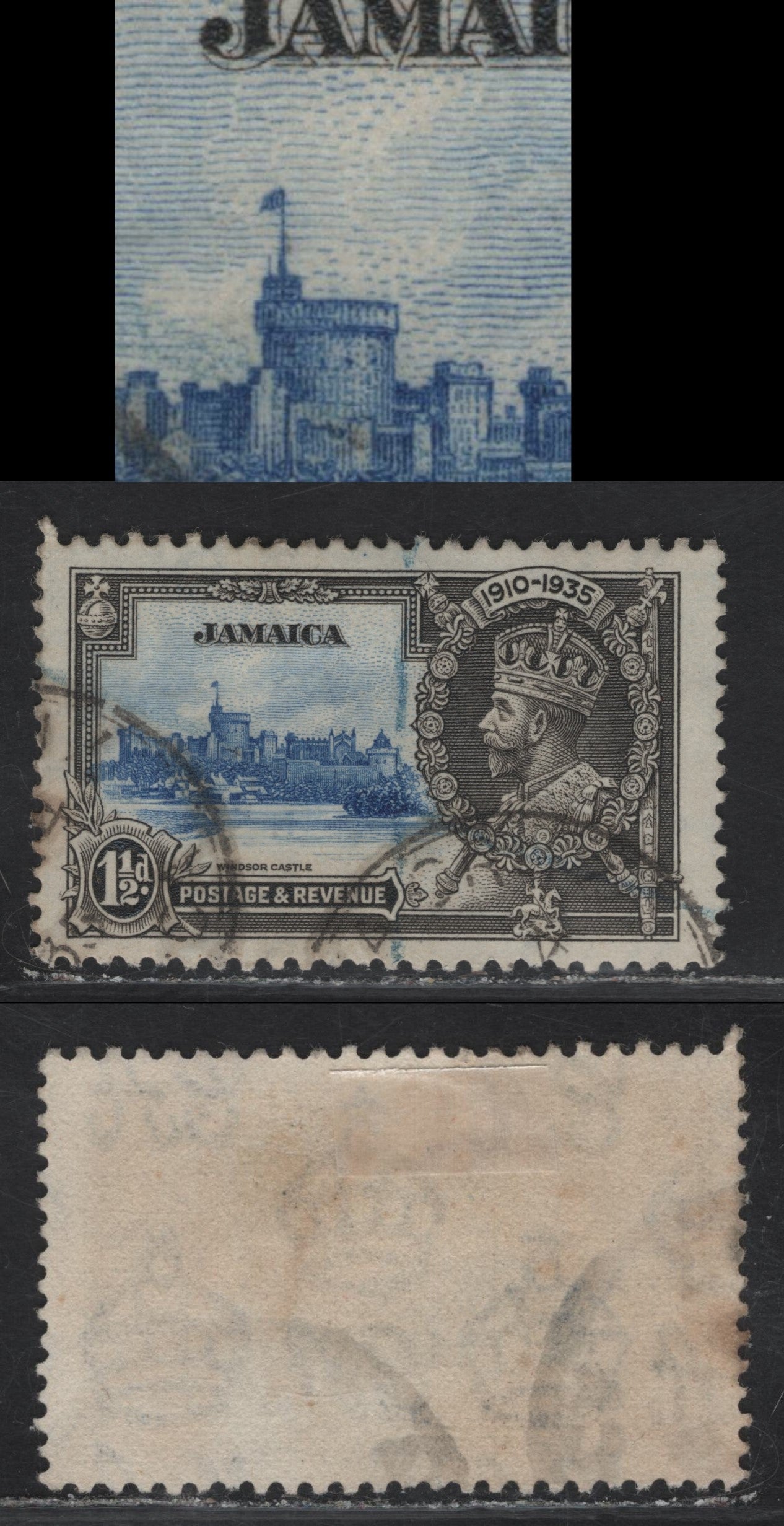 Lot 151 (C) Jamaica SG#115b 1.5d Ultramarine & Gray Black KGV & Windsor Castle, 1935 Silver Jubilee Issue, A Very Fine Used Single, Short Extra Flagstaff