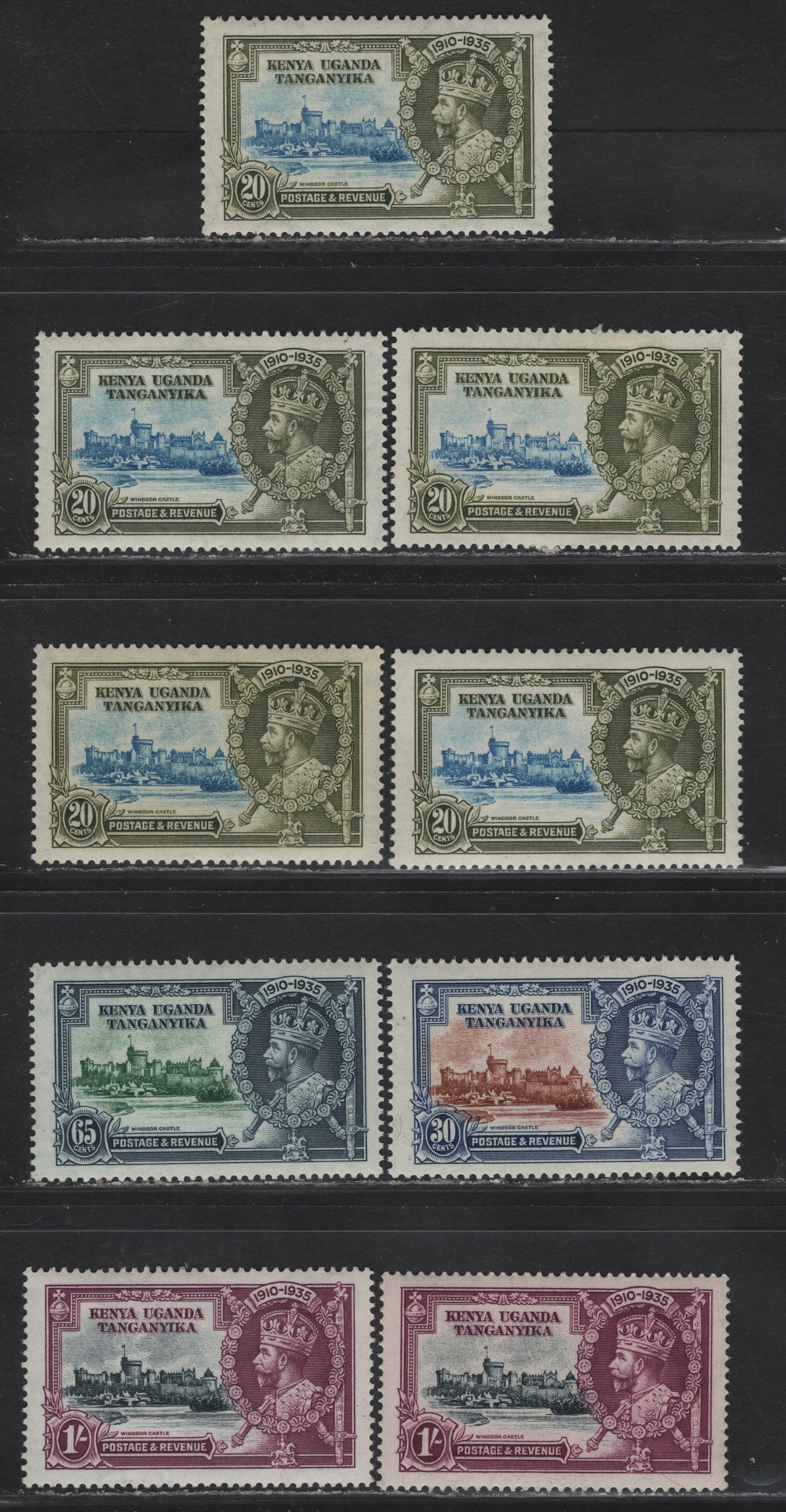 Lot 156 K.U.T SG#124-127 20c - 1/- Light Blue & Olive Green - Slate & Purple KGV & Windsor Castle, 1935 Silver Jubilee Issue, 9 VFOG Singles, Shade Lot Showing Different Frame & Vignette Plate Shades