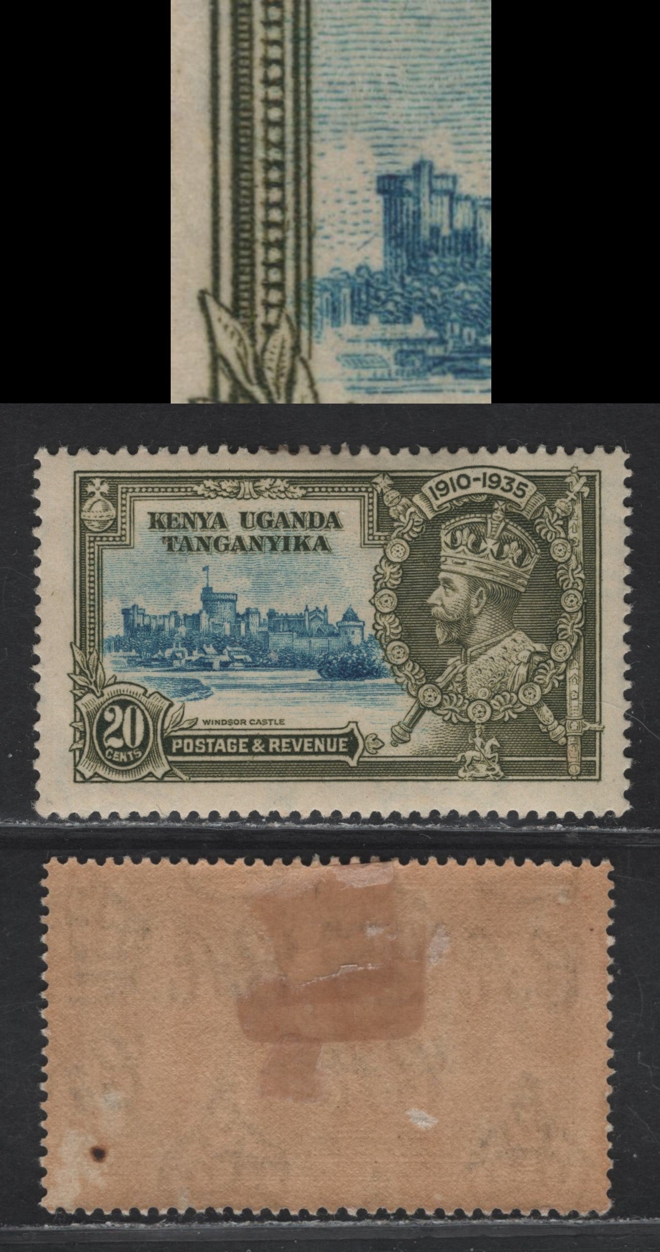 (C) K.U.T SG#124var 20c Light Blue & Olive Green KGV & Windsor Castle, 1935 Silver Jubilee Issue, A FOG Single, Diagonal Line Above Home Park Wood