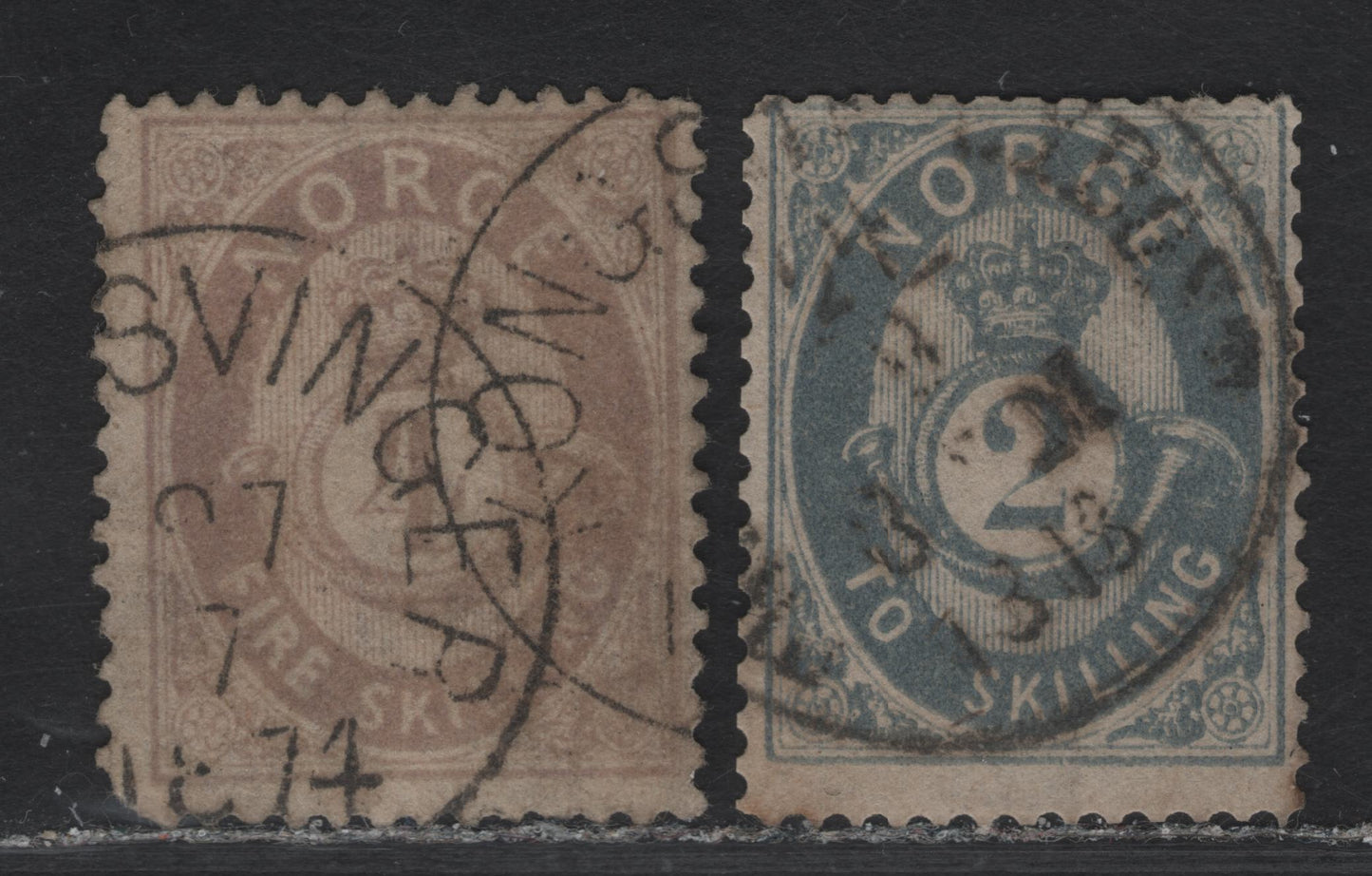Lot 16 Norway SC#17b, 19 2s - 4s Gray Blue - Lilac Post Horn & Crown, 1872-1875 Post Horn & Crown Issue, 2 Very Good Used Singles, Skilling Currency