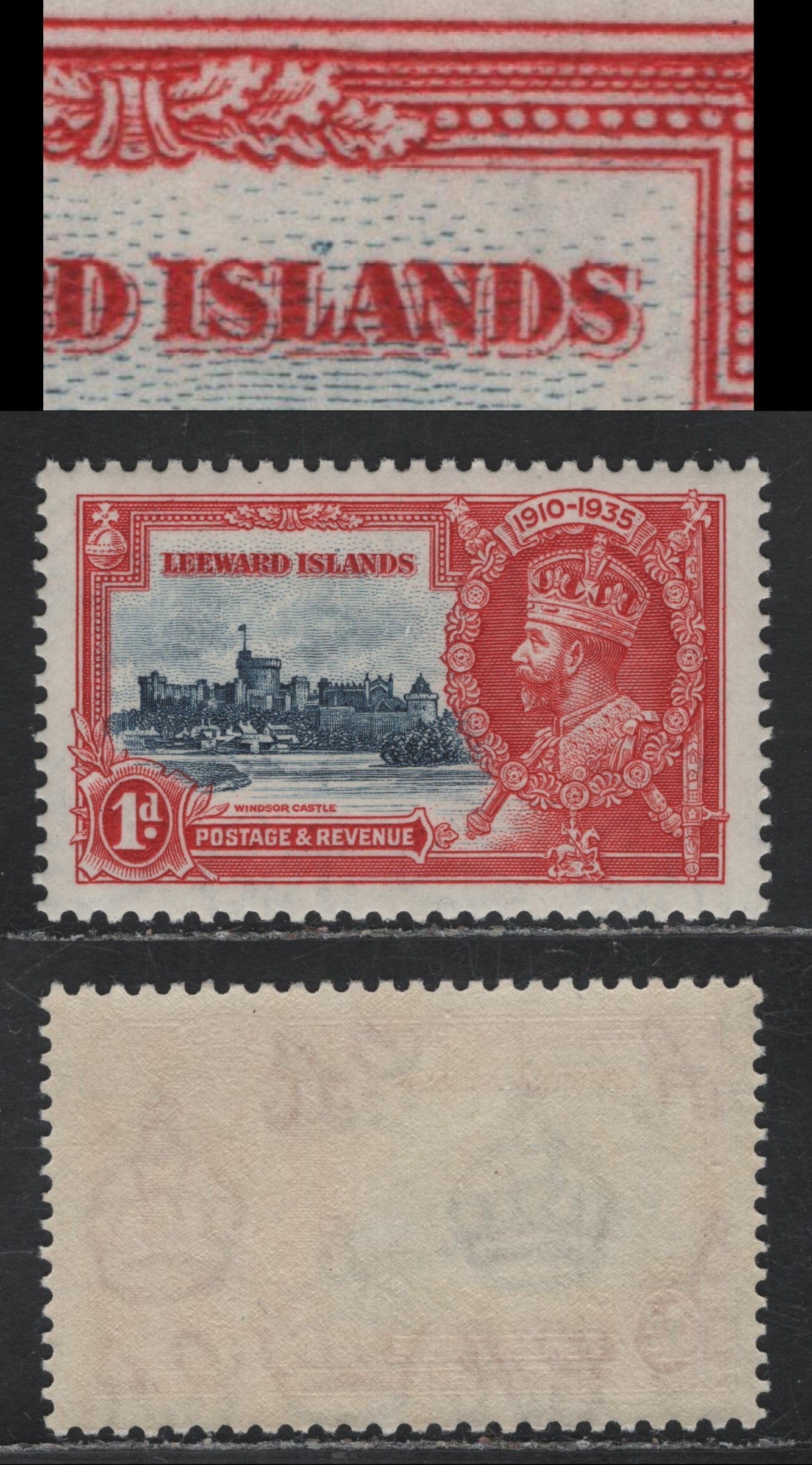 Lot 171 Leeward Islands SG#88var 1d Deep Blue & Scarlet KGV & Windsor Castle, 1935 Silver Jubilee Issue, A VFNH Single, Small Blob Above 'L' Of Islands