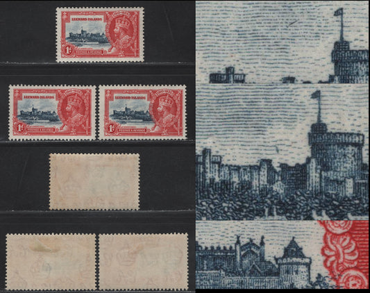 Lot 172 Leeward Islands SG#88var 1d Deep Blue & Scarlet KGV & Windsor Castle, 1935 Silver Jubilee Issue, 3 F/VFOG Singles, Showing Different Vignette Plate Flaws