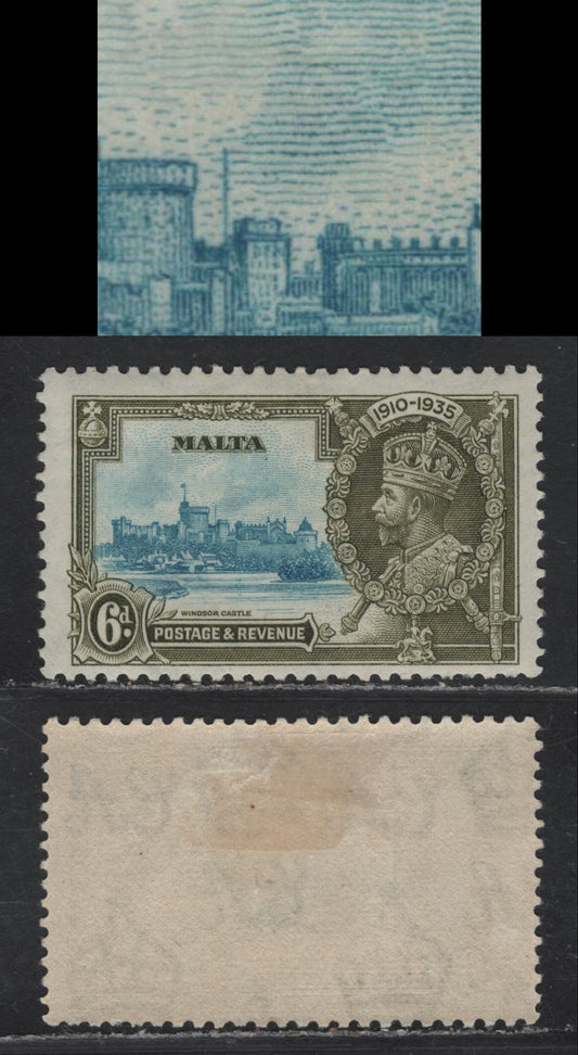 Lot 175 (C) Malta SG#212a 6d Light Blue & Sage Green KGV & Windsor Castle, 1935 Silver Jubilee Issue, A FOG Single, Showing Extra Flagstaff