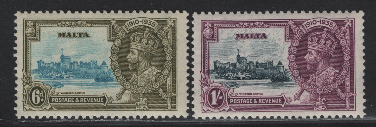 Lot 177 Malta SG#212-213 6d - 1/- Light Blue & Olive Green  - Slate & Purple KGV & Windsor Castle, 1935 Silver Jubilee Issue, 2 VFNH Singles