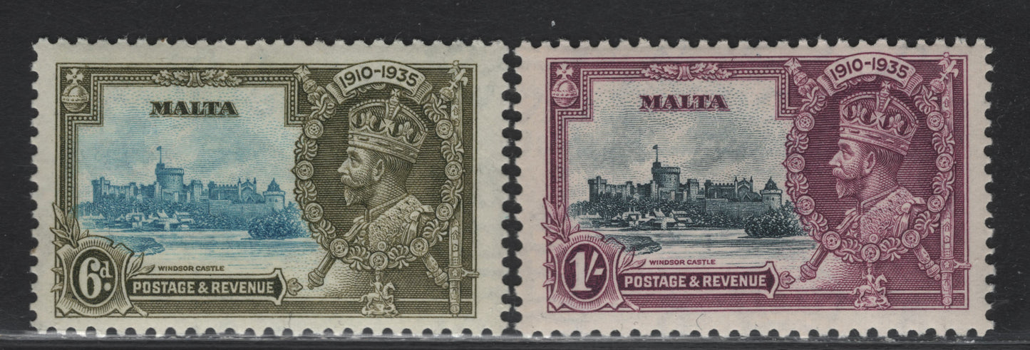 Malta SG#212-213 6d - 1/- Light Blue & Sage Green  - Slate & Purple KGV & Windsor Castle, 1935 Silver Jubilee Issue, 2 FNH Singles