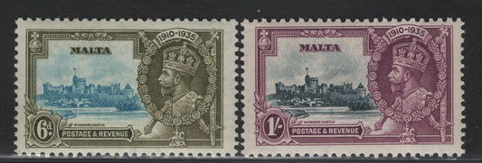 Lot 178 Malta SG#212-213 6d - 1/- Light Blue & Sage Green  - Slate & Purple KGV & Windsor Castle, 1935 Silver Jubilee Issue, 2 FNH Singles