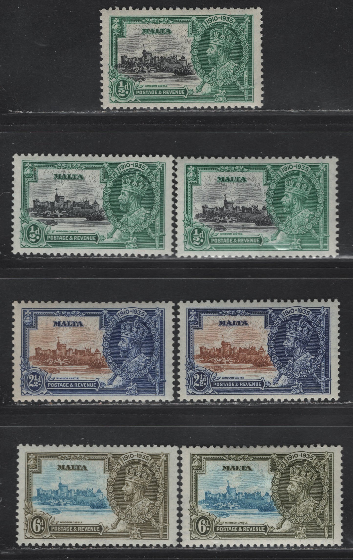 Lot 180 Malta SG#210-212 1/2d - 6d Black & Blue Green - Light Blue & Sage/Olive Green KGV & Windsor Castle, 1935 Silver Jubilee Issue, 4 VFOG Singles, Shade Grouping Showing Variations In The Frame Colors