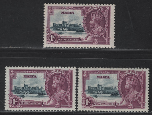 Lot 181 Malta SG#213 1/- Slate & Purple KGV & Windsor Castle, 1935 Silver Jubilee Issue, 2 F/VFOG Singles, Shade Grouping, Showing The Variations In The Indigo & Purple Shades Of Vignette & Frame