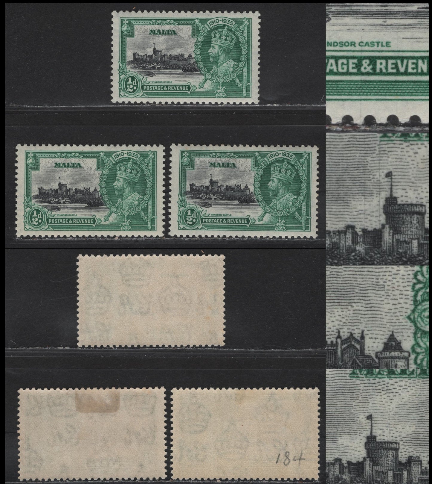 Lot 182 Malta SG#210var 1/2d Black & Blue Green KGV & Windsor Castle, 1935 Silver Jubilee Issue, 3 VFOG Singles, Showing Vignette Plate Cracks Showing Black Hairlines Through Various Parts Of Design