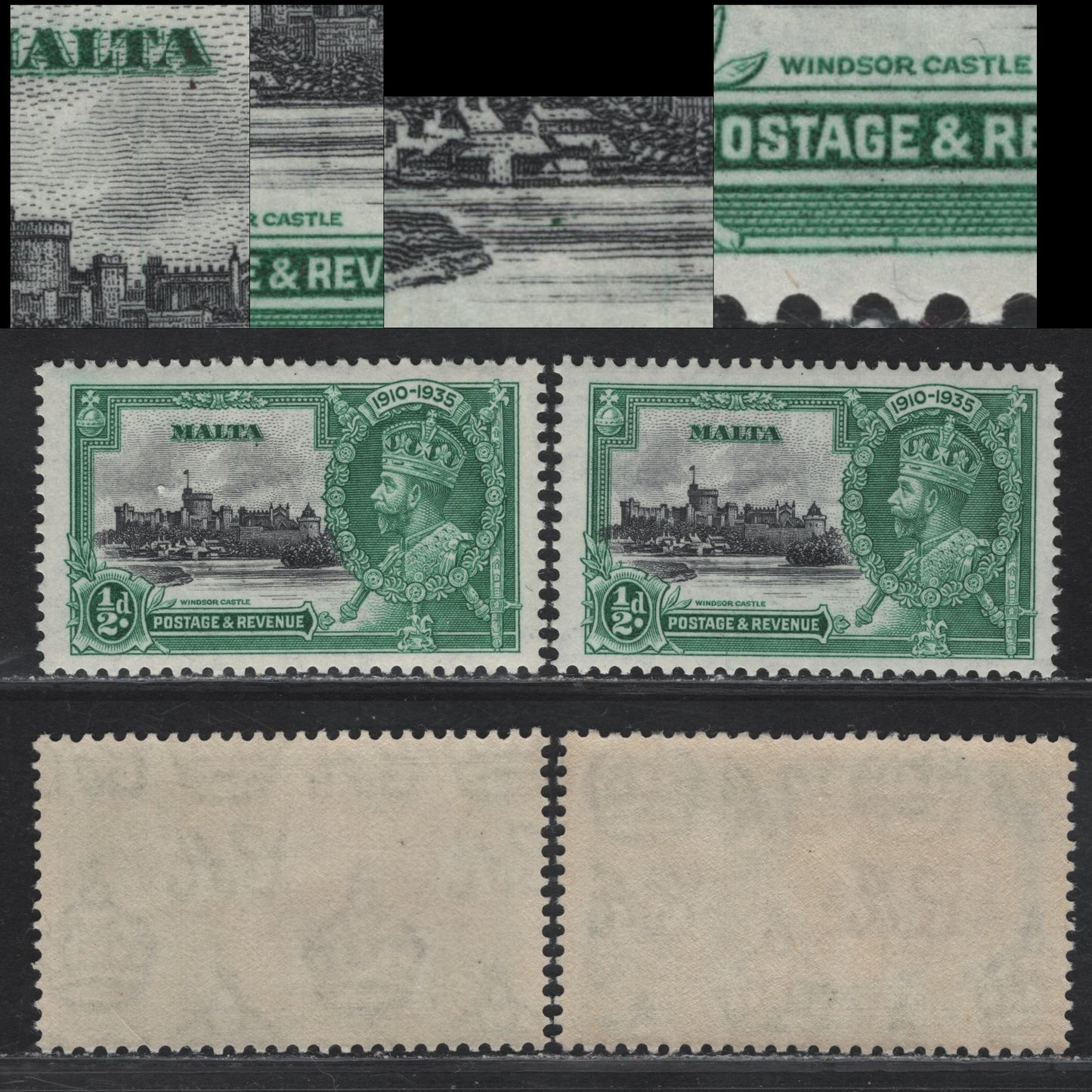 Lot 185 Malta SG#210 1/2d Black & Blue Green KGV & Windsor Castle, 1935 Silver Jubilee Issue, 2 VFNH Singles, Showing Potentially Constant Frame Plate Varieties