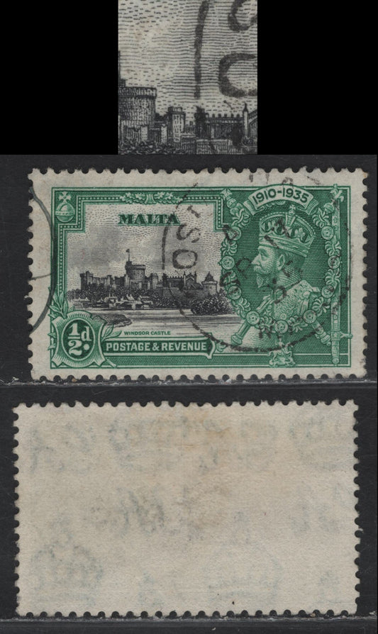 Lot 187 Malta SG#210var 1/2d Black & Blue Green KGV & Windsor Castle, 1935 Silver Jubilee Issue, A Fine Used Single, Showing Unlisted & Possibly Constant Diagonal Line Above Chapel