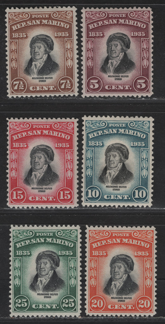 Lot 19 San Marino SC#169-174 5c - 25c Brown Lake & Black - Green & Black Melchiore Delfico, 1935 Melchiore Delfico Issue, 6 F/VFOG Singles