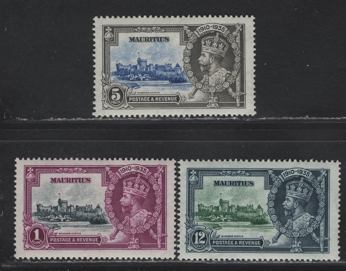 Mauritius SG#245, 247-248 5c - 1r Ultramarine & Gray - Slate & Purple KGV & Windsor Castle, 1935 Silver Jubilee Issue, 3 VFNH Singles, Nearly Complete NH Set