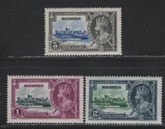 Lot 198 Mauritius SG#245, 247-248 5c - 1r Ultramarine & Gray - Slate & Purple KGV & Windsor Castle, 1935 Silver Jubilee Issue, 3 VFNH Singles, Nearly Complete NH Set