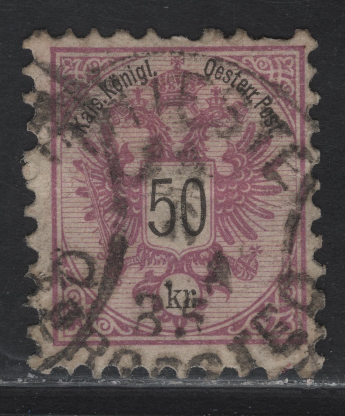 Lot 2 Austria SC#46 50kr Red Lilac Arms, 1883 Arms Issue, A Very Good Used Single