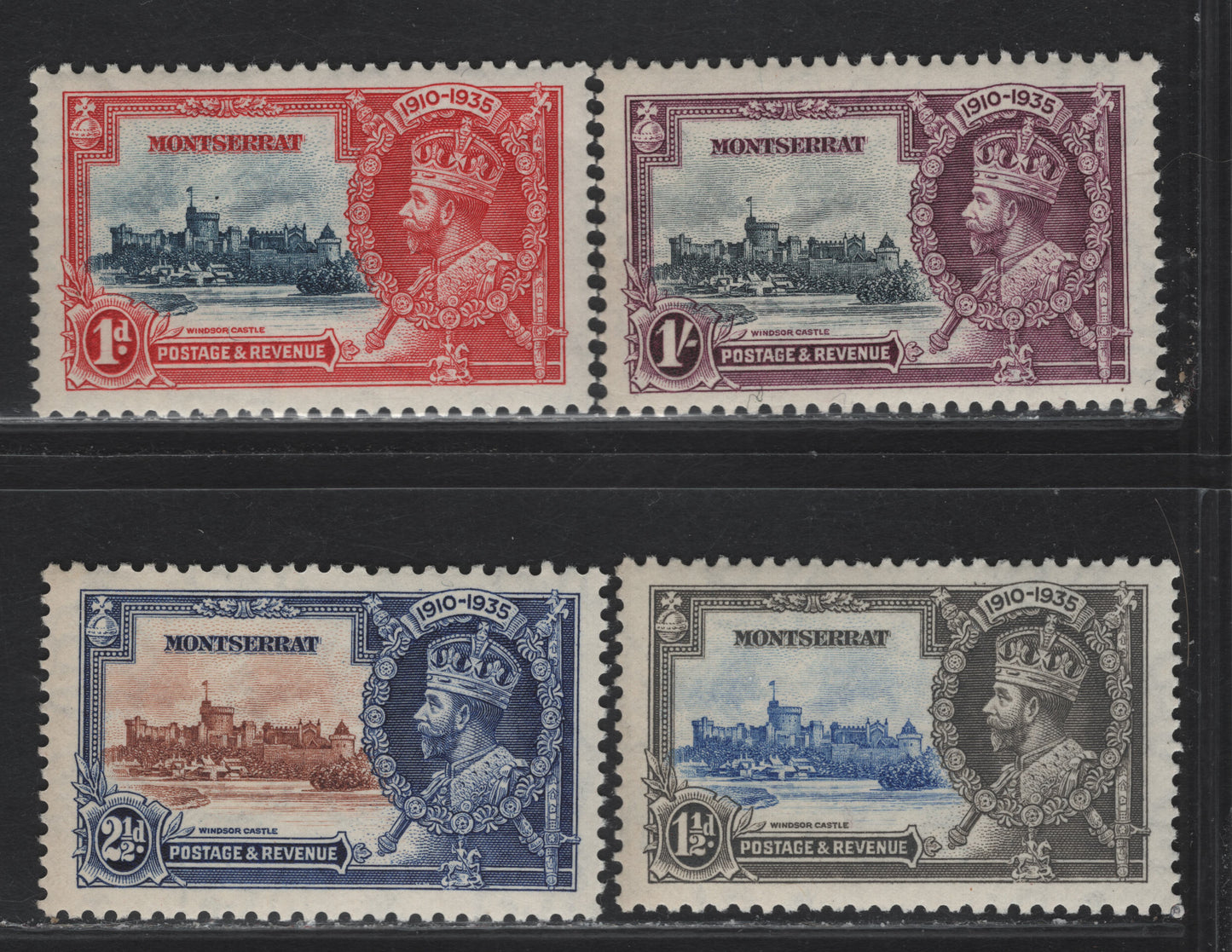 Lot 206 Montserrat SG#94-97 1d - 1/- Deep Blue & Scarlet - Slate & Purple KGV & Windsor Castle, 1935 Silver Jubilee Issue, 4 VFNH Singles