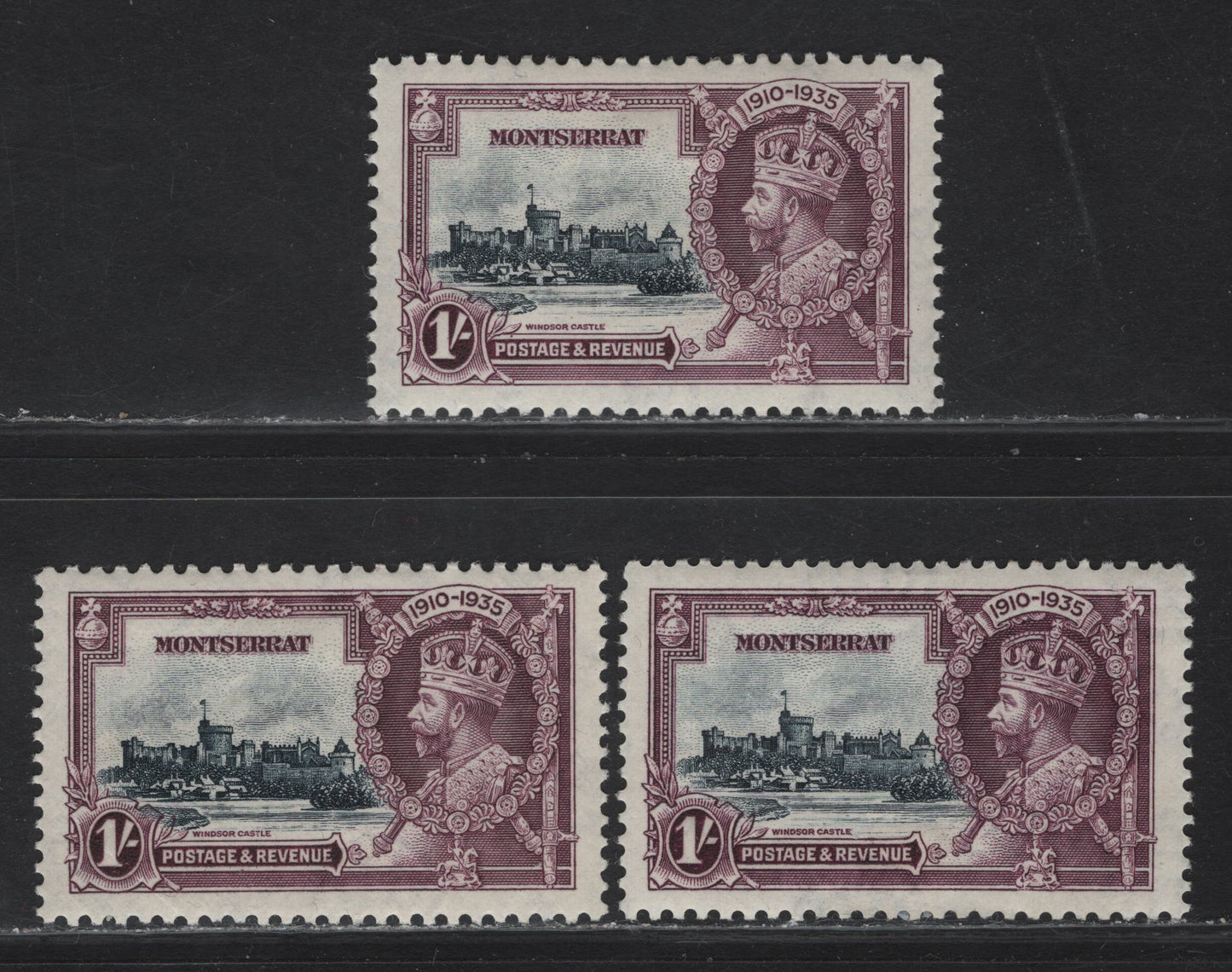 Montserrat SG#97 1/- Slate & Purple KGV & Windsor Castle, 1935 Silver Jubilee Issue, A VFOG Singles, 3 Different Shades Of The Vignette & Frame