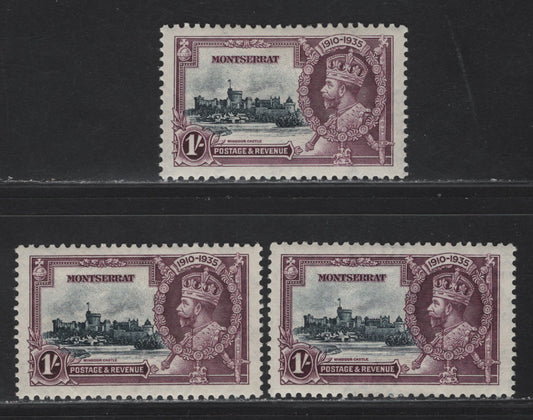 Montserrat SG#97 1/- Slate & Purple KGV & Windsor Castle, 1935 Silver Jubilee Issue, A VFOG Singles, 3 Different Shades Of The Vignette & Frame