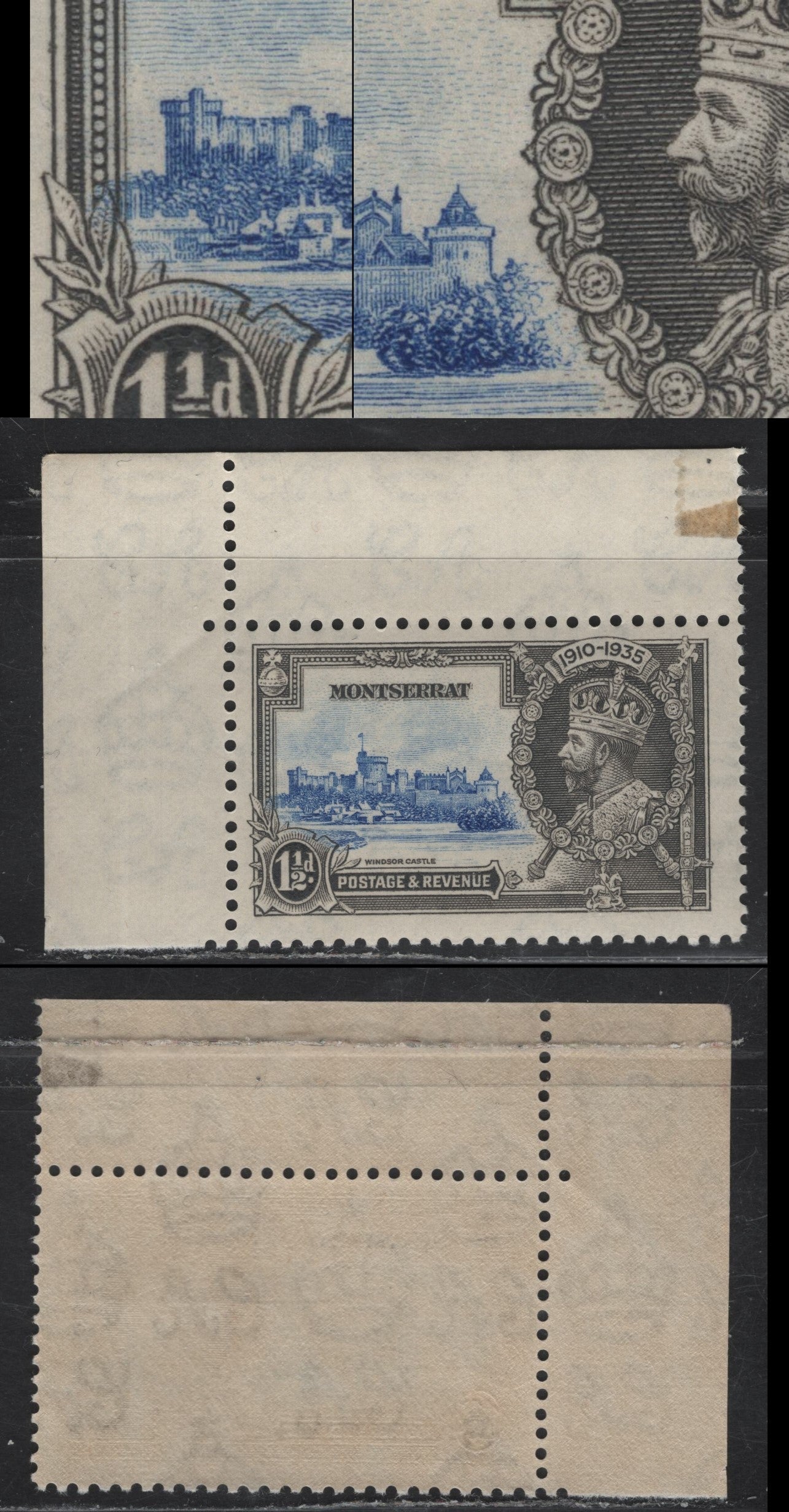 Lot 213 (C) Montserrat SG#95 1.5d Ultramarine & Gray KGV & Windsor Castle, 1935 Silver Jubilee Issue, A FNH Single, Showing Dramatic Leftward Shift of Vignette, Large Gap Between Jacob's Meadow, Medallion & Most of Home Park Wood Into The left Frame