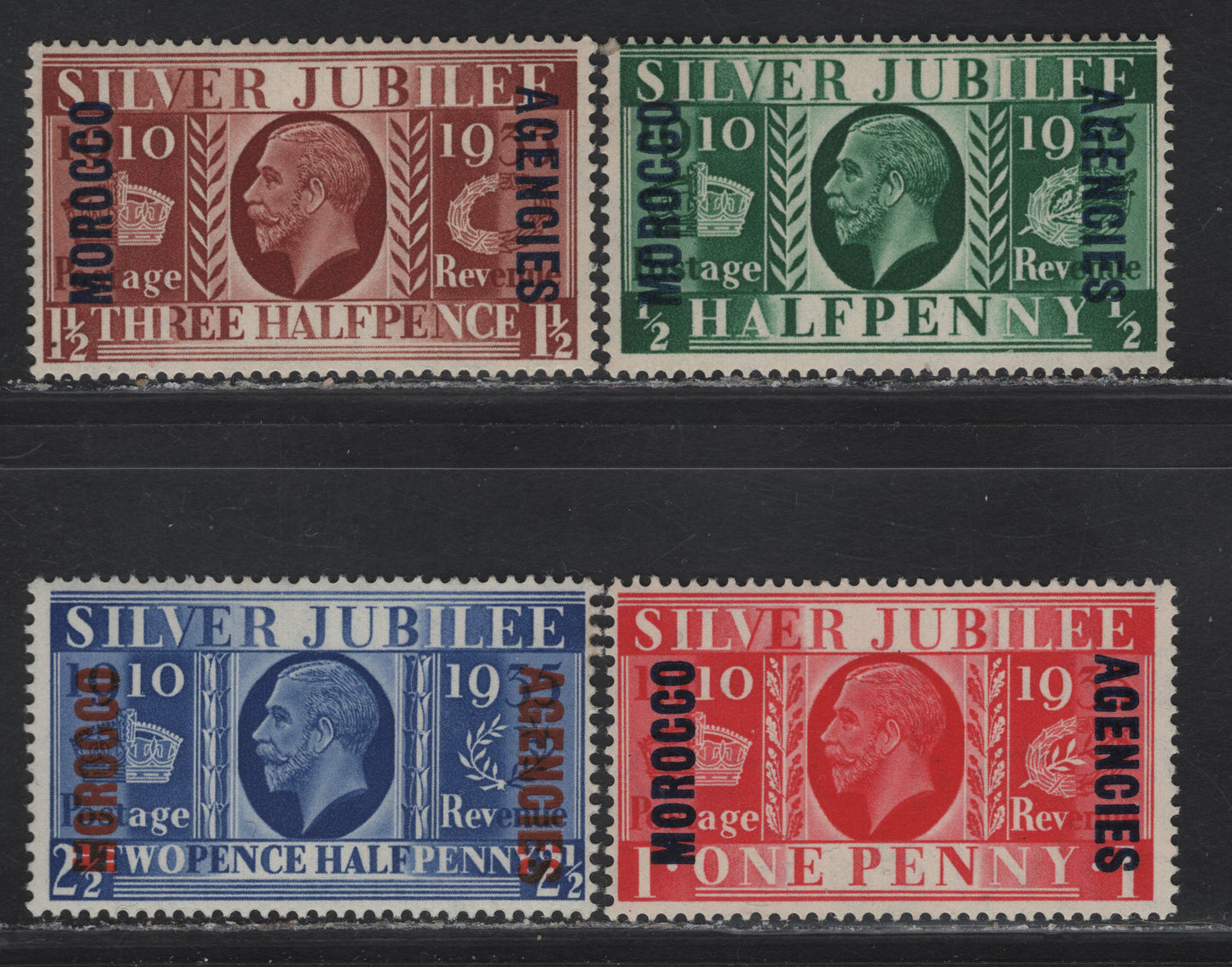 Lot 218 Morocco Agencies - British Currency SG#62-65 1/2d - 2.5d Green - Blue King George V, 1935 Silver Jubilee Issue, 4 F/VFNH Singles