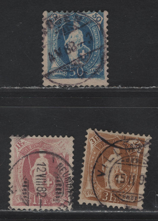 Lot 22 Switzerland SC#86-88 50c - 3fr Blue - Yellow Brown Helvetia, 1882-1904 Standing Helvetia Issue, 3 Fine/Very Fine Used Singles, Type I, Perf 11.5-11.75