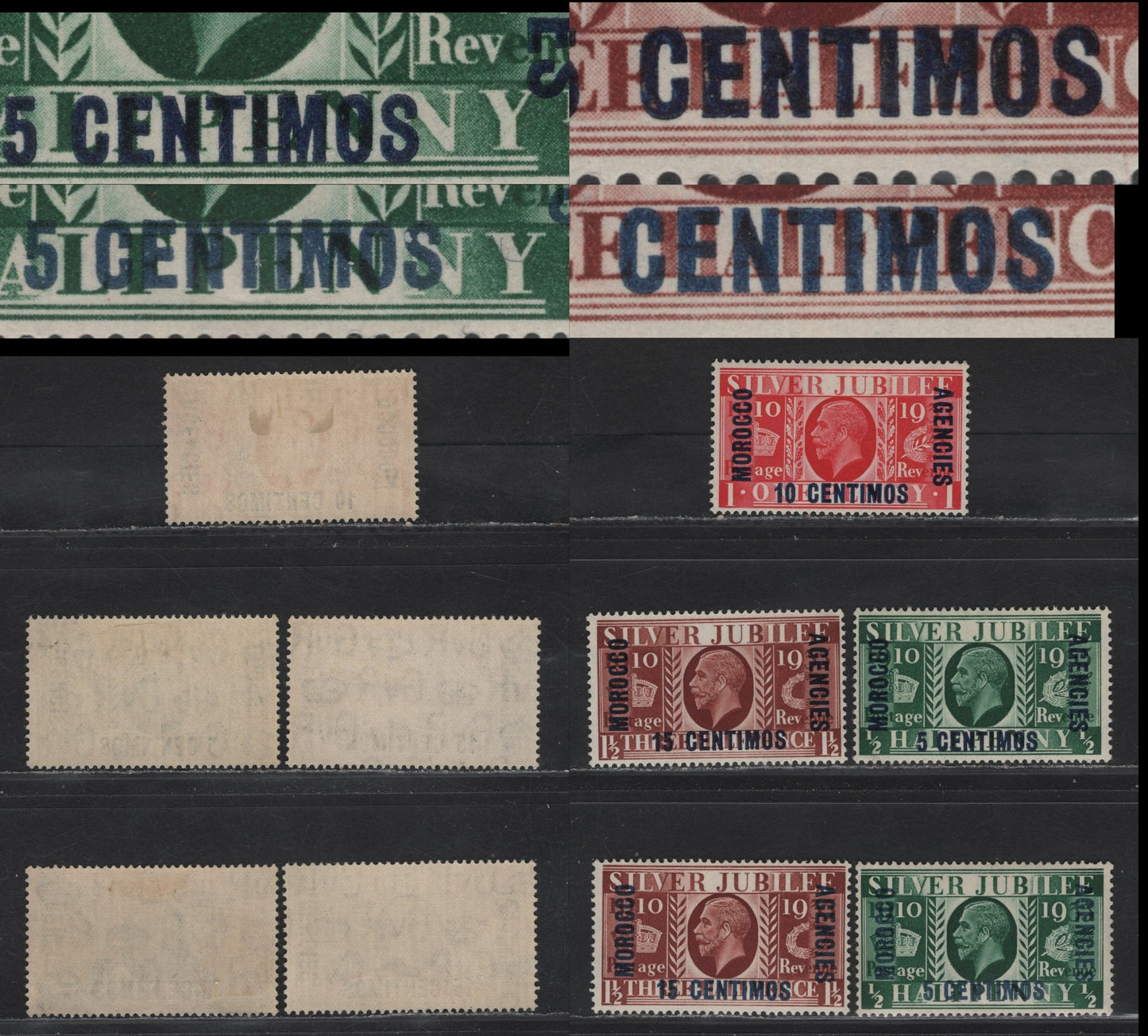 Lot 220 Morocco Agencies - British Currency SG#149-151 5c on 1/2d - 15c on 1.5d Green - Red Blue KGV & Windsor Castle, 1935 Silver Jubilee Issue, 3 F/VFOG Singles, Light & Dark Blue Overprints On 1/2d & 1.5d