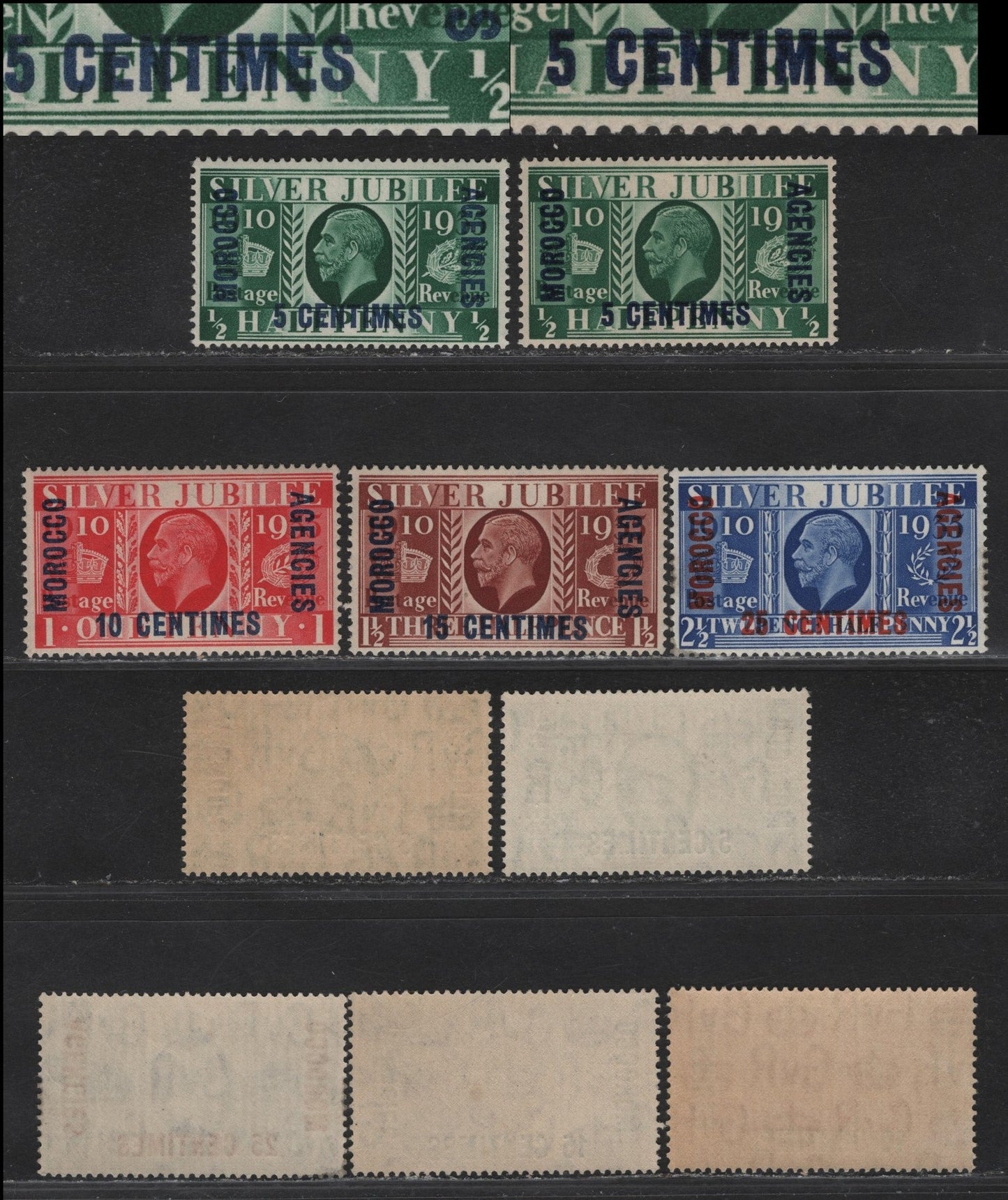 Lot 222 Morocco Agencies - French Currency SG#212-215 5c on 1/2d - 25c on 2.5d Green - Blue KGV & Windsor Castle, 1935 Silver Jubilee Issue, 3 VFNH Singles, NH Mint Set Including Regular Dark Blue & Blue Overprints On 1/2d