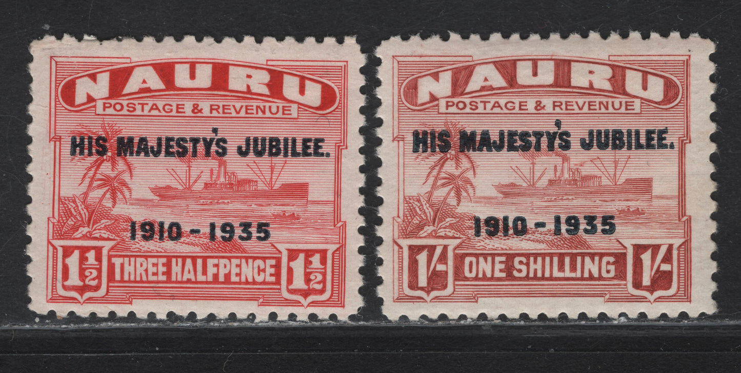 Lot 224 Nauru SG#40, 43 1/2d - 1/- Scarlet - Brown Lake Century, 1935 Silver Jubilee Issue, 2 VFOG Singles