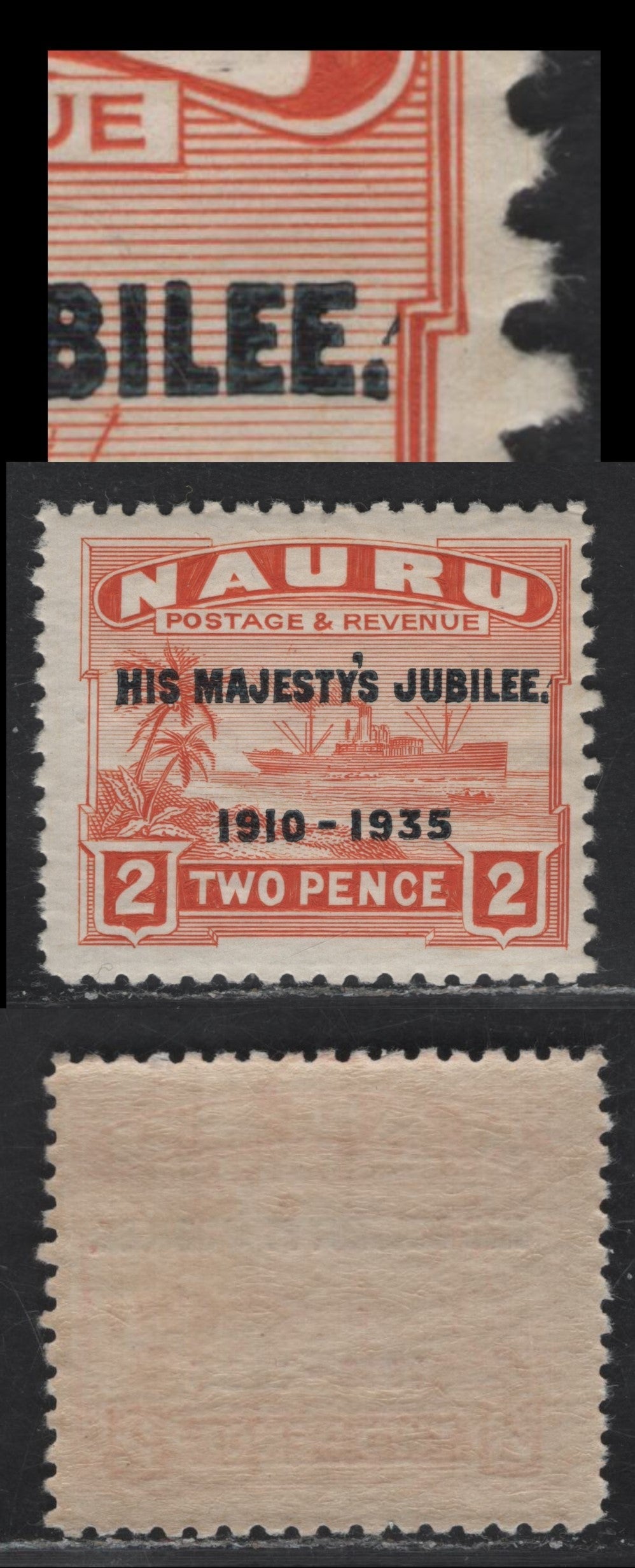 Lot 225 Nauru SG#41var 2d Orange Century, 1935 Silver Jubilee Issue, A FOG Single, Small Black Dash Above Period
