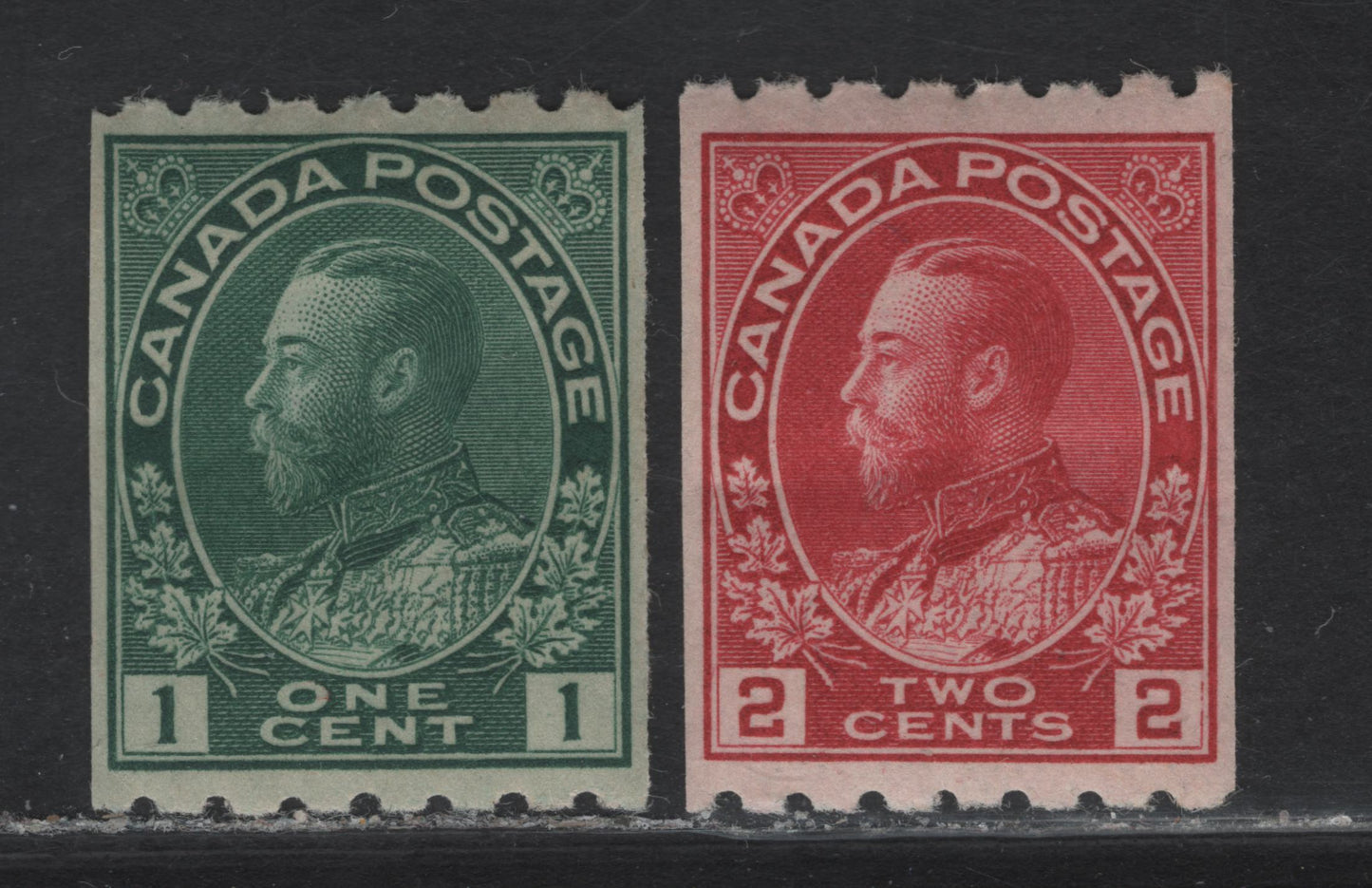 Lot 230 (C) Canada #123-124 1c - 2c Blue Green - Rose Carmine King George V, 1913 Admiral Coil Issue, 2 VG/FOG Singles, Perf 8 Horizontal, Papers ABN-A & ABN-B, Rotary Wheel, Very Weakly Retouched & Weakly Retouched Framelines.