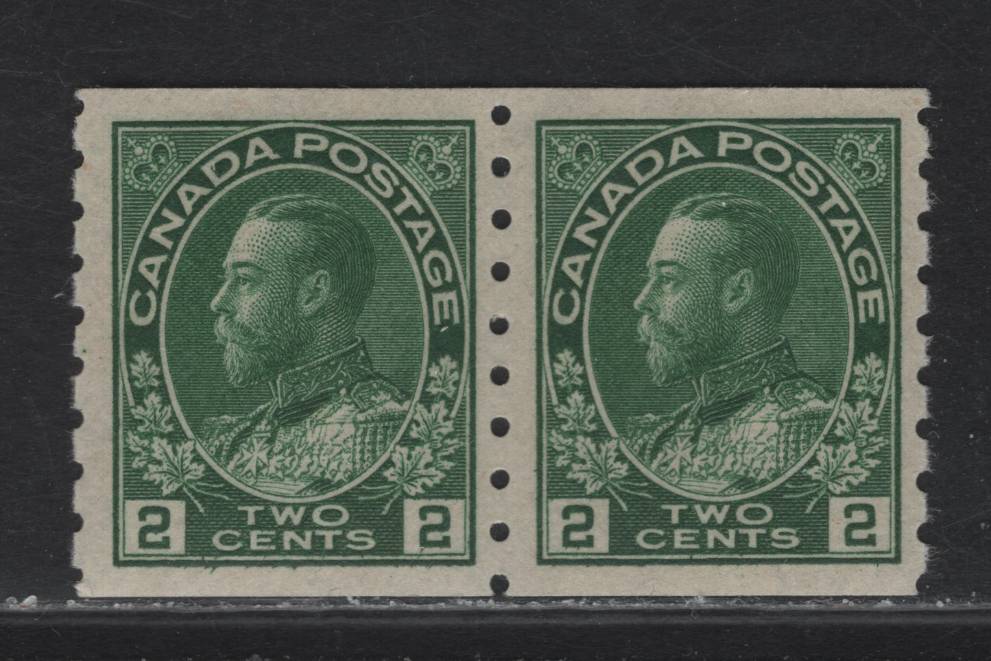 Lot 235 (C) Canada #128 2c Deep Green King George V, 1912-1924 Admiral Coil Issue, A VFNH Pair, Paper ABN-H, Perf 8 Vertical, Rotary Bar Perf, Wet Printing.