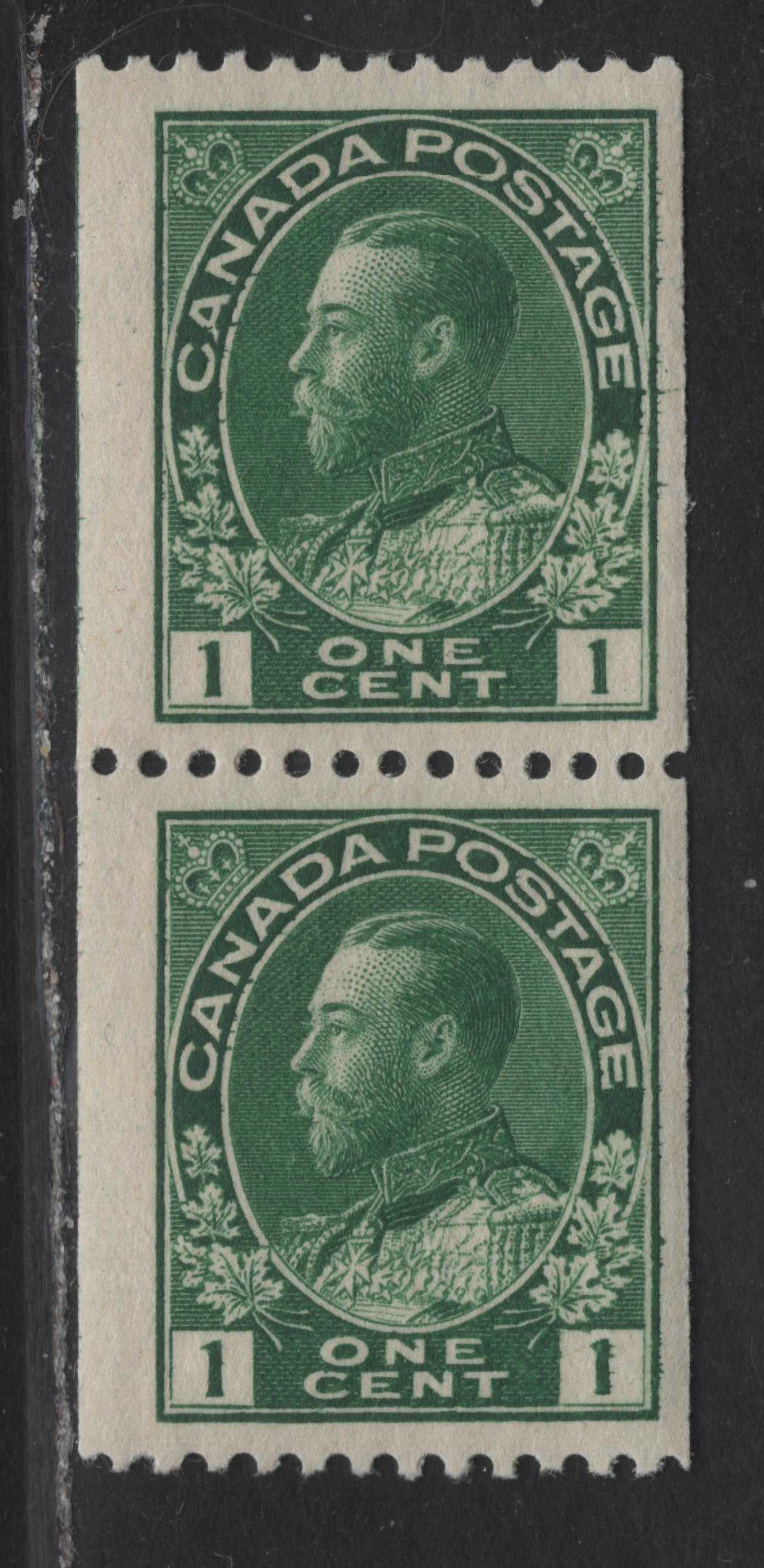Lot 236 (C) Canada #131 1c Dark Green King George V, 1915-1924 Admiral Coil Issue, A FNH Pair, Paper ABN-B, Perf 11.9 Horizontal, Rotary Bar Perf