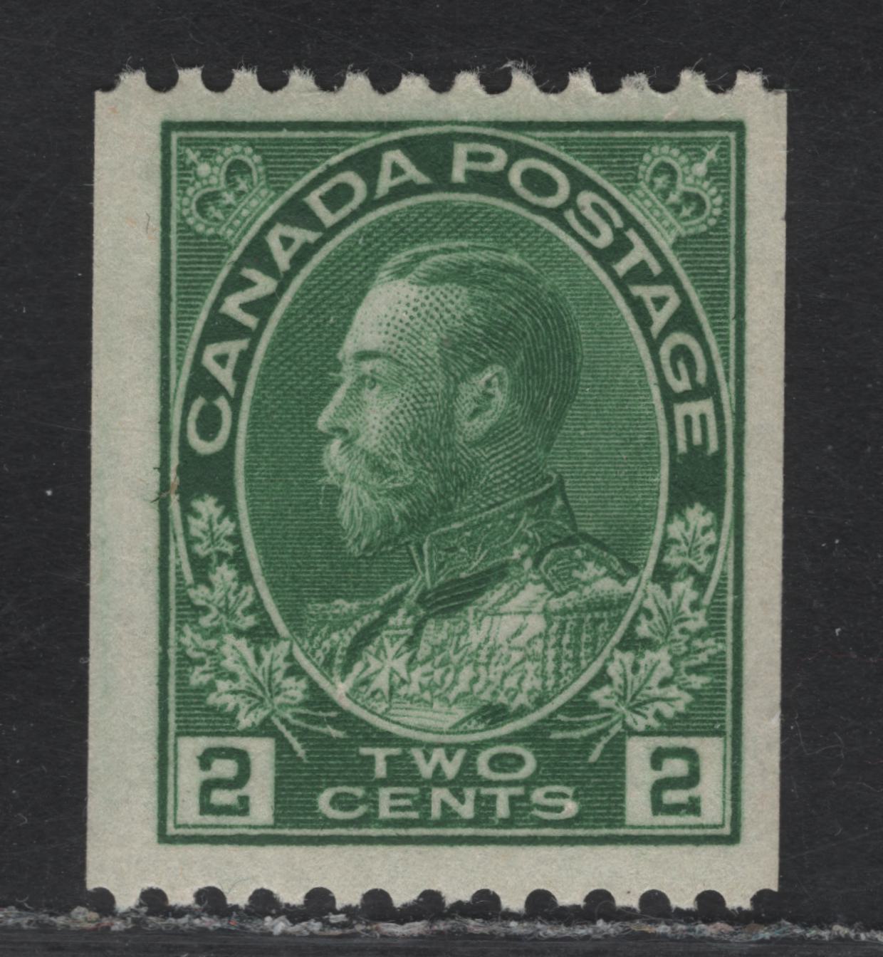 Lot 239 (C) Canada #133 2c Green King George V, 1915-1924 Admiral Coil Issue, A FOG Single, Paper ABN-E, Perf 11.9 Horizontal, Retouched Frameline