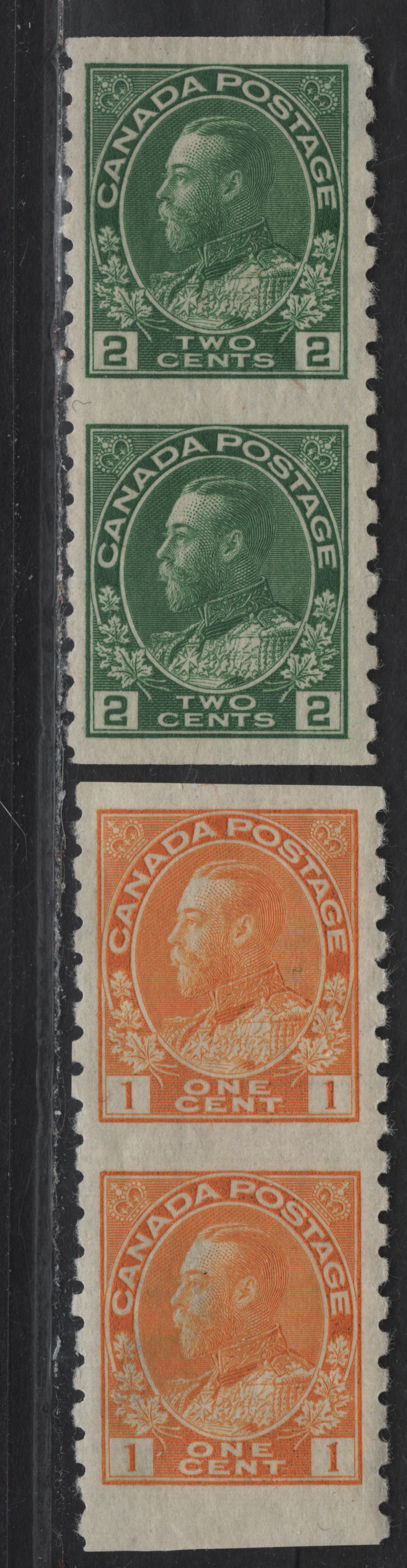 Lot 243 (C) Canada #126a, 128a 1c - 2c Bright Orange Yellow & Yellowish Green King George V, 1924 Part Perforate Coil Issue, 2 VG/FOG Pairs, Paper ABN-I, Perf 8 Vertical, Imperf Horizontal
